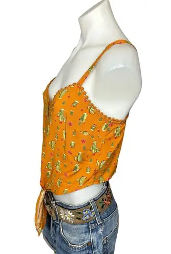 Eyeshadow Mustard Cactus Camisole Crop Top SMALL Tie Front Western Cami Cowgirl Cotton NEW