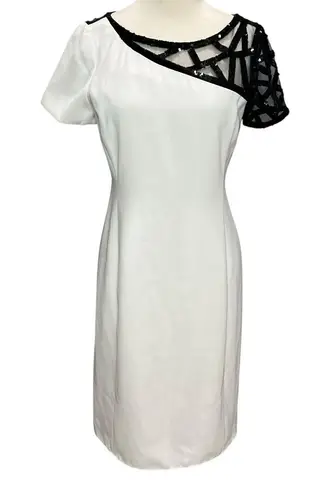 Angel Sanchez Sheath Dress 6 White Black Sequined Sheer Minimalist Renaissance