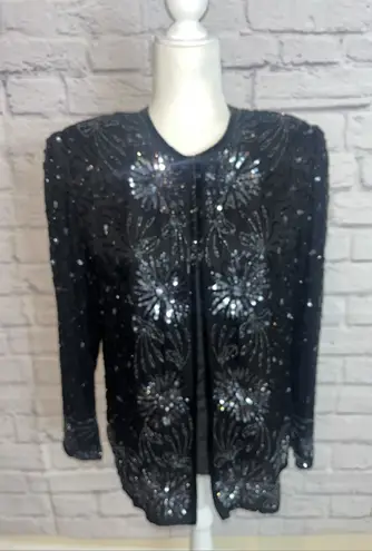 Brilliante By J.A. Women's 100% Silk Beaded Sequin Vintage Evening Jacket Small Black