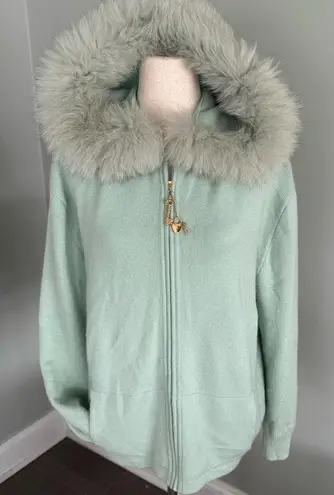 St. John Vintage/Rare Mint Green Cashmere Hooded Cardigan With Fox Fur Trim sz L - Image 1