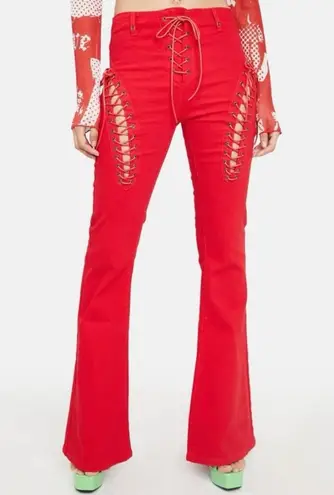 Edikted Engine Red Lace Up Front Flare Leg Jeans, Sz M