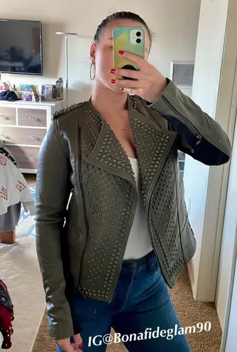 Nour Hammour Erin army green studded leather Biker jacket size FR 36 US 2 4 XS S