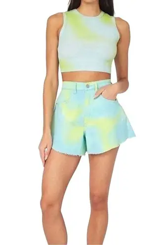 We Wore What Revolve Flare Bell Short Stretch Twill Denim Blue & Green Tie Dye 28