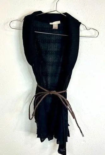 belle du jour Black Drape Vest Top S Boho Knit Sleeveless Open Belted Ruffle Hem