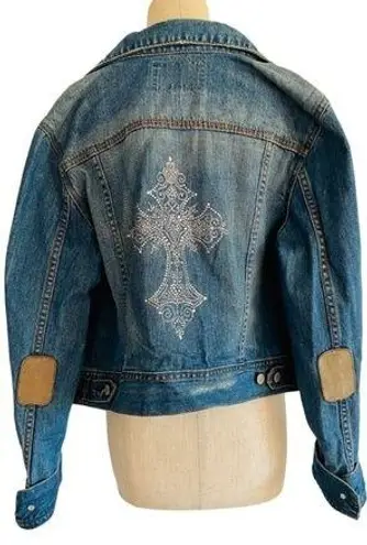 Old Navy Y2K  Denim Blue Jean Cotton Jacket Back Bedazzled Silver Sparkle Cross