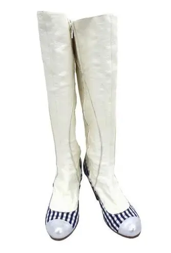 AUTHENTIC Gigi Favela White Leather Boots Heels Blue Gingham Leather 5.5