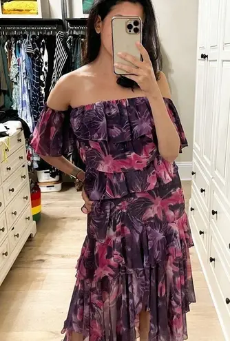 MISA Los Angeles Dalia Purple Floral Off Shoulder Midi Dress Small