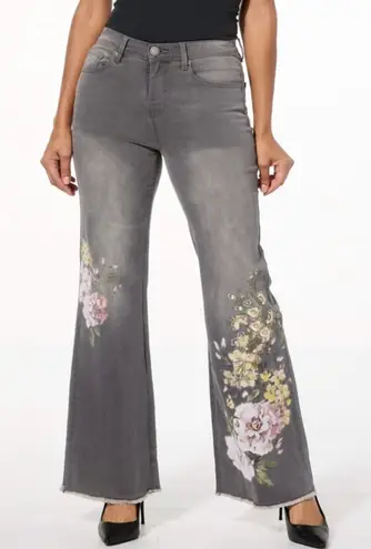 Diane Gilman DG2 Floral Embroidered Wide Leg Stretch Jean Grey 12 Raw Hem Gray