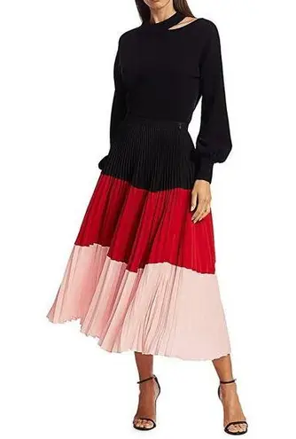 Akris Punto Colorblock Plissé Pleated Midi Skirt Red Pink Size 10 FLAW