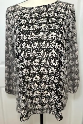 Pixley Black/Beige Elephant Print Blouse Top 3/4 Sleeve Stitch Fix Size Large Black