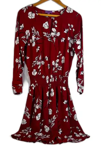 Plumberry Floral Print Smocked Waist Mini Dress Keyhole Neck Dressy Size Medium Red