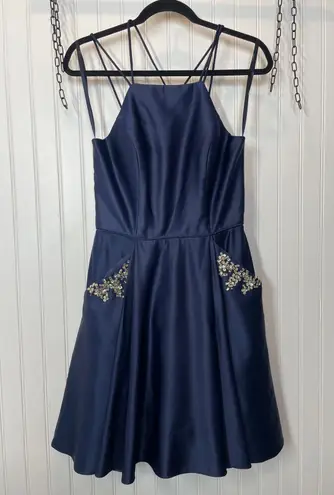 Blondie Nites Blue Satin Jeweled Embellished Strappy Cocktail Dress Juniors Sz S