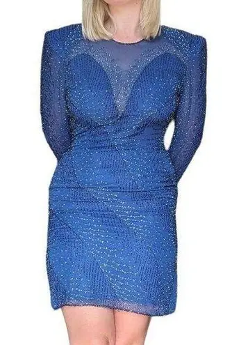 Vintage Silk Beaded Long Sleeve Cocktail Dress Shoulder Pads Illusion Neckline Blue Size M