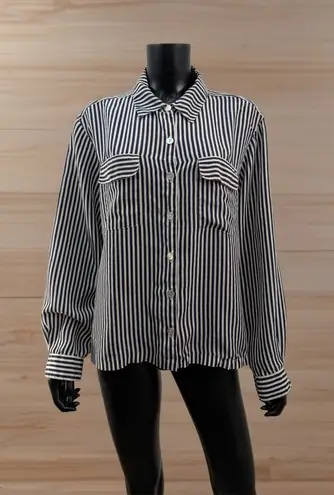 Melrose Silk Studio 100% Silk Striped Button Down Shirt Women's L Navy Blue Size L
