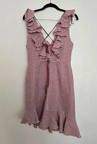 WAYF Gingham Check Seersucker Mini Dress red & white V-neck Lace up Ruffles