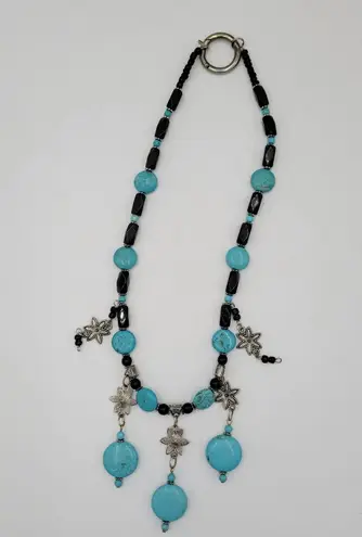 Womens Turquoise Necklace 18" Black Silver Beaded Collar Statement Jewlery Blue