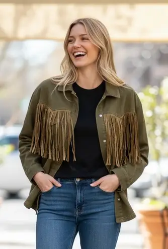 NWT Olive Green Fringe Western Shacket Jacket Boho Festival Cropped Button Up Size XL - Image 1