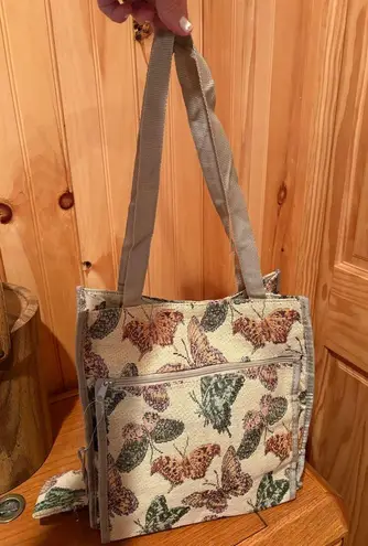 Vintage Butterfly Tapestry Tote Bag with coin Pouch Gray