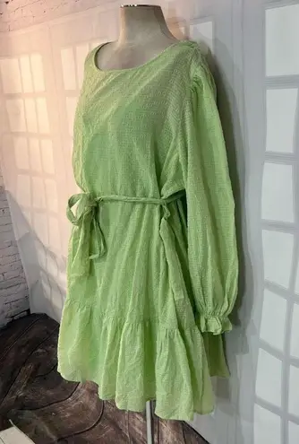 Eloquii NWT lime green long sleeve tie waist mini ruffle hem dress size 26