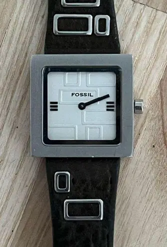 Fossil Ladies Watch Brown Leather Strap Square White Dial Stainless Accents