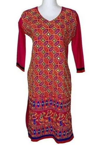 Indian Pink Cotton Multicolor Embroidered Dancers Geometric Sequins Tunic Top Size L