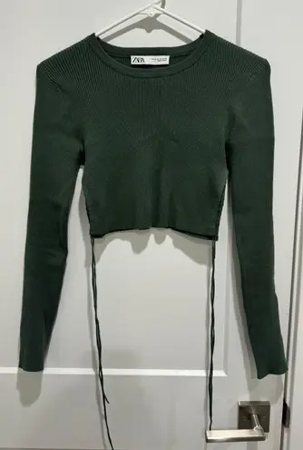 ZARA Army Green Cropped Sweater Top With Ties