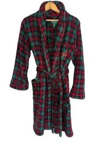 Ralph Lauren Lauren  Womens Small Fleece Bath Robe Green Plaid Belt Logo Holiday