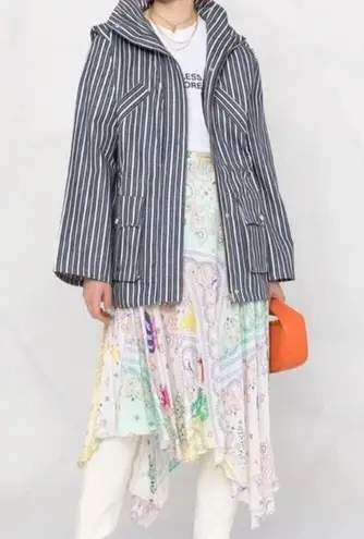 Ganni Blue White Mixed Stripe Pattern Zip Up Denim Jacket Size 38