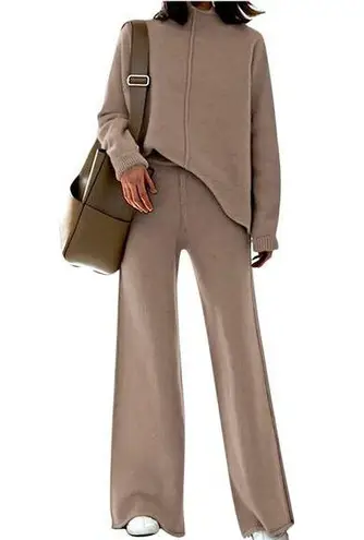 Coordinating 2 Piece Set Sweater Knit Wide Leg Pants Lounge Taupe Women Size XL Tan