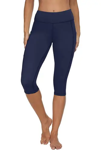 High Waisted Tummy Control Capris Workout Yoga Pants with Pockets Navy Blue L Size L