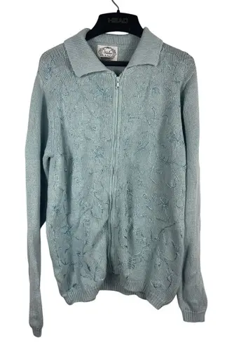 VTG Stitches In Time Women’s M Blue Floral Embroidered Zip Up Cardigan Sweater Size M