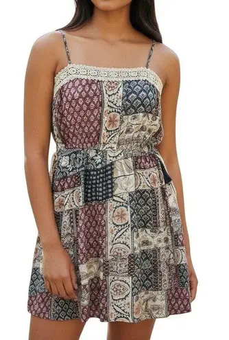 Earthbound Boho Flare Patchwork Mini Sundress Size Large Festival Cottagecore Tan