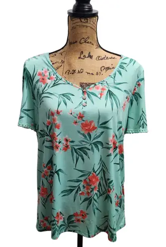 Floral Print Top Short Sleeve Casual Button Up Womens Shirt Large Green