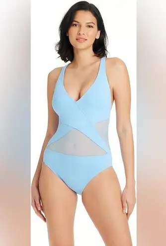Bleu Rod Beattie NWT Women's Don’t Mesh with Me V-Neck One-Piece in Skyline 12