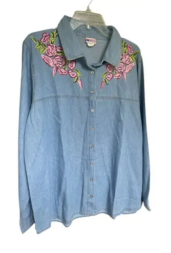 American Sweetheart Denim Embroidery Floral Long Sleeve Blouse Blue Size XX