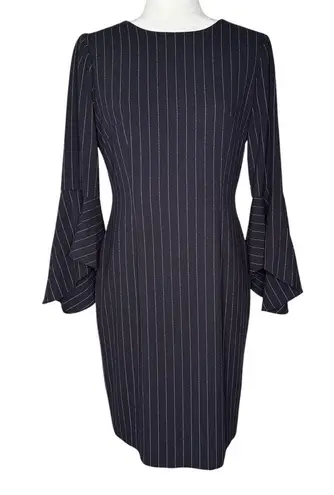 Tahari Navy Pinstripe Dress 6 Bell Sleeve Pencil Sheath Knee Length Lined Career