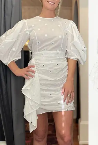 NWT Rhode Pia Puff Sleeve Eyelet Cotton Ruffle Mini Dress White Mirror Large