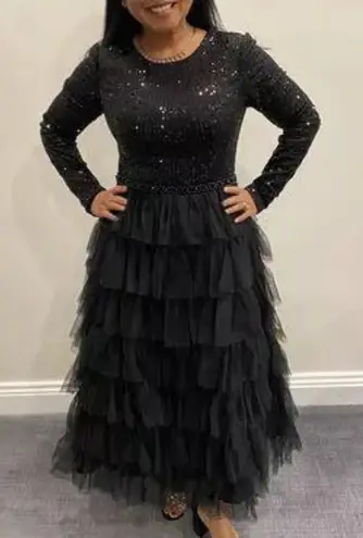 Mac Duggal Sequined Layered Tulle A-Line Cocktail Dress in Black Size US 6