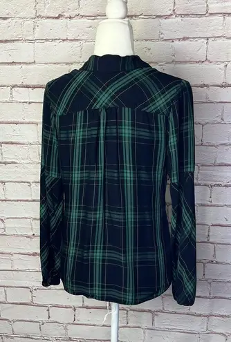 CAbi Big Sur Green & Navy Plaid V Neck Button Down Shirt. Like new