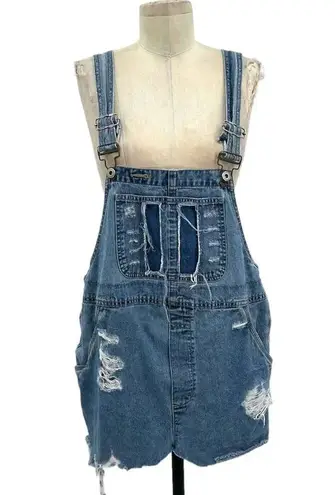 Furst of a Kind Distressed Denim Medium Wash Overall Dress Shortalls Size Medium