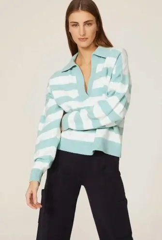 Tanya Taylor  Striped V Neck Collar Maisie Knit Sweater Blue/White Cotton Size M