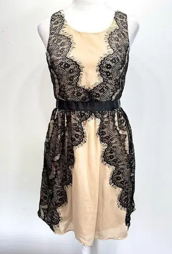 Doe & Rae Beige Semi Sheer Dress with Black Eyelet Fringe Trim Whimsigoth