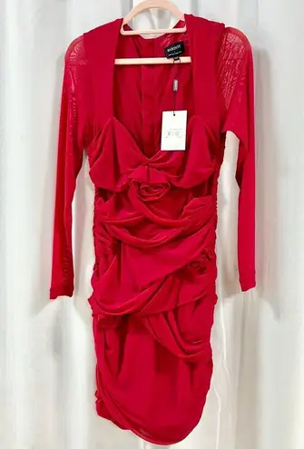 Bardot NWT Pippa Mesh Ruched Bodycon Mini Dress Fire Red Women's Size L / US 8