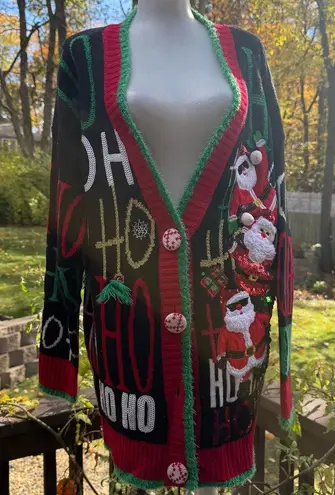 33 Degrees green Christmas sweater Cardigan figures Sequins Ho Ho Size L (14) Black Size L