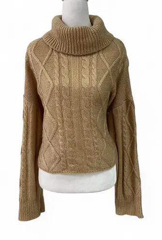 Tan Cable Knit Cropped Turtleneck Sweater Brown Size L