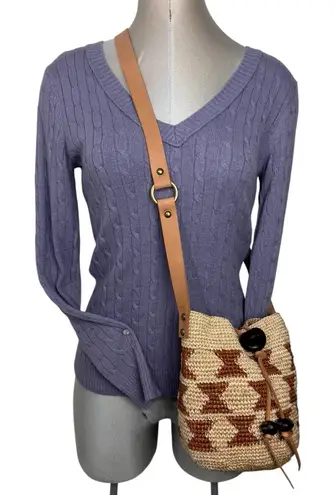 Handmade Raffia boho bucket Crossbody bag hand woven, Crochet & Leather Strap Tan