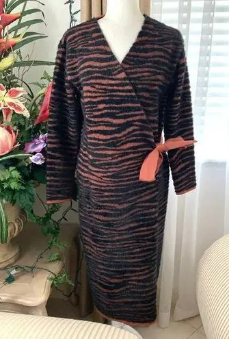 J.O.A. NEW Zebra Print Fuzzy Long Wrap Cardigan Duster in Black / Brown