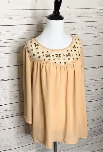 BKE Long Sleeve Beaded Trim High Low Tunic Top blouse Size Medium