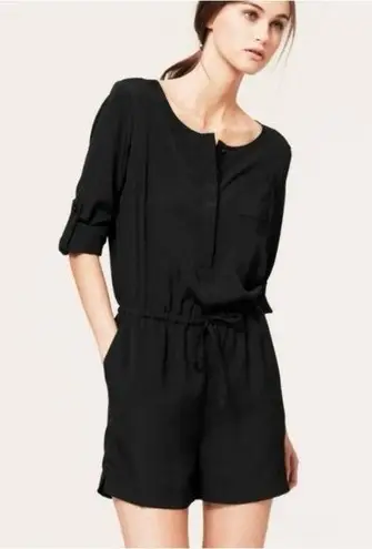 Loft  Black Romper Roll Tab Sleeves Button Front Tie Waist Casual Size 4 - Image 1