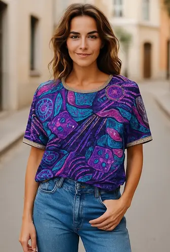 Authentic Vintage Lillie Rubin silk sequin beaded geometric abstract blouse 1980 Purple